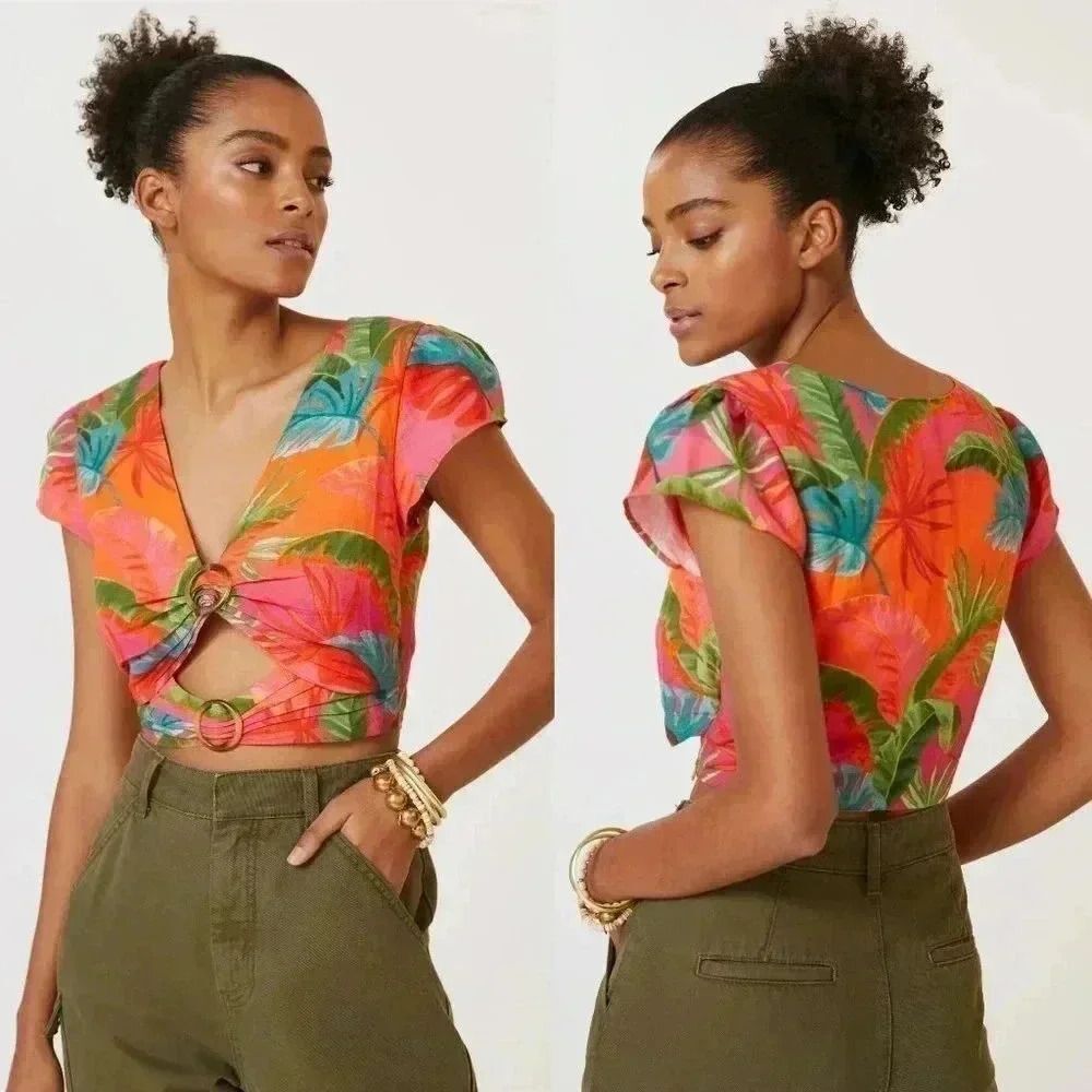 Anthropologie Farm Rio Cut-Out Top in Red Motif Size XL NWT $148